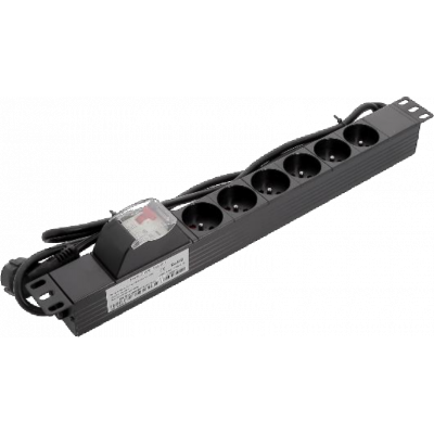 Bandeau 19’’ 1U 6 prises électrique avec disjoncteur 16A/30mA alu noir + cordon 1m80